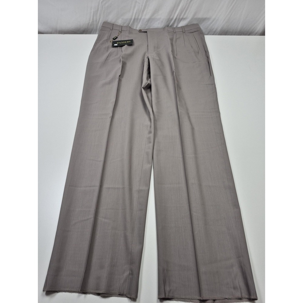 VTG Zanieri Dress Pants Mens 44x36 Beige Wool Pleated Straight Unhemmed Italy